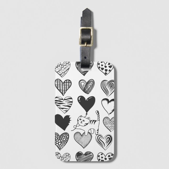 Étiquette À Bagage Chat noir et blanc et Motif de coeur (Devant Vertical)