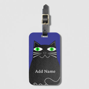 Étiquette À Bagage Chat noir gras aux yeux verts Nom personnalisé Ble