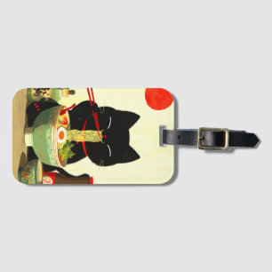 Étiquette À Bagage Chat noir heureux mangeant du Ramen   Ukiyo-e japo