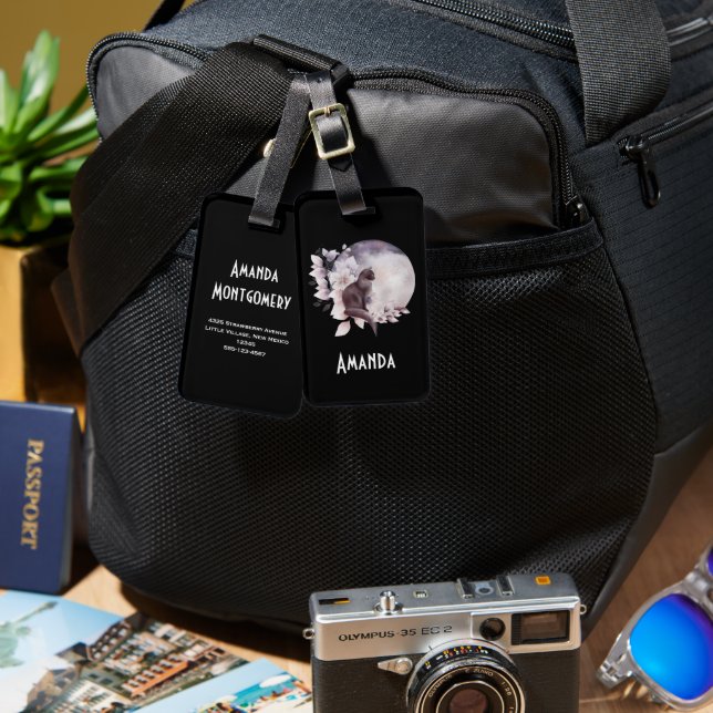 Étiquette À Bagage Chat noir par une Pleine lune magique (Recto & Verso)