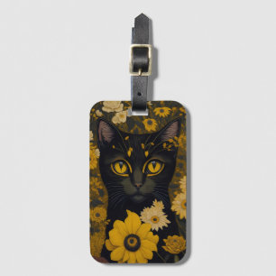 Étiquette À Bagage Chat noir Yellow Eyes Fleurs Vintages #2