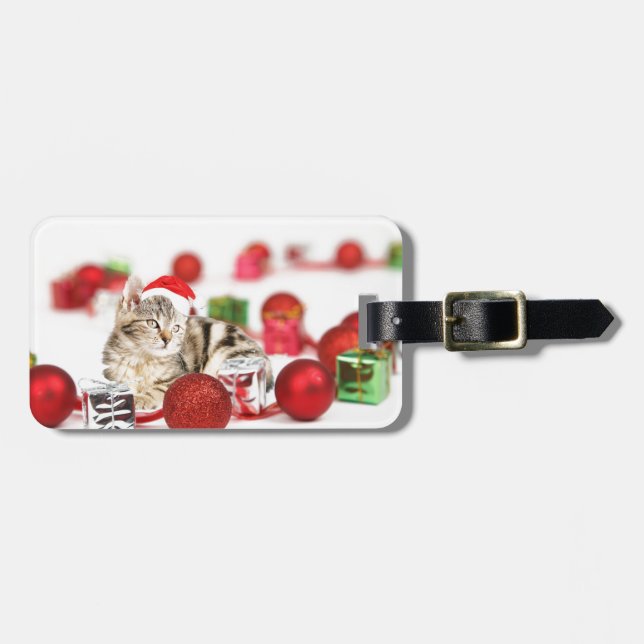 Étiquette À Bagage Chat portant le chapeau rouge du Père Noël (Devant horizontal)