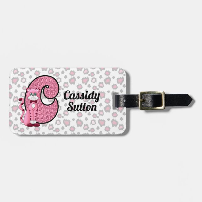 Étiquette À Bagage Chat rose Monogramme C Enfants Voyageur (Devant horizontal)
