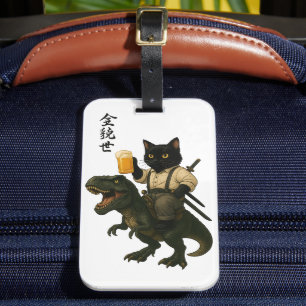 Étiquette À Bagage Chat Samouraï avec Bière & T-Rex   Art Japonais Ré