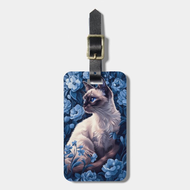 Étiquette À Bagage Chat siamois en Fleurs Bleues (Devant Vertical)