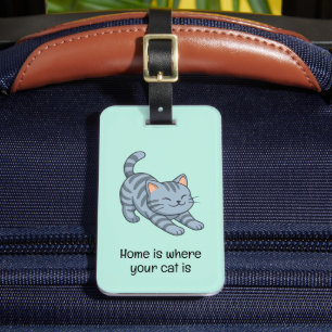 Étiquette À Bagage Chat tigré gris étiré Texte personnalisé vert