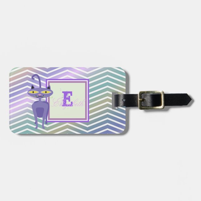 Étiquette À Bagage Chat Whimsical Chevron Zigzag, Monogramme Personna (Devant horizontal)