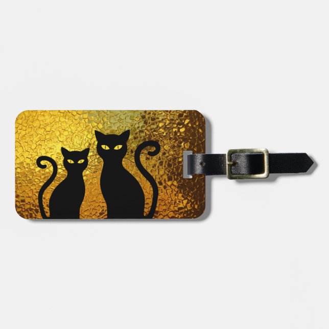 Étiquette À Bagage Chatons texturisés de chat noir de lueur d'or (Devant horizontal)
