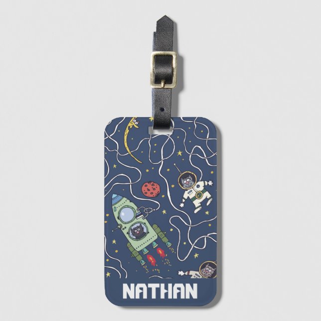 Étiquette À Bagage Chats et roquettes dans l'espace Enfants personnal (Devant Vertical)