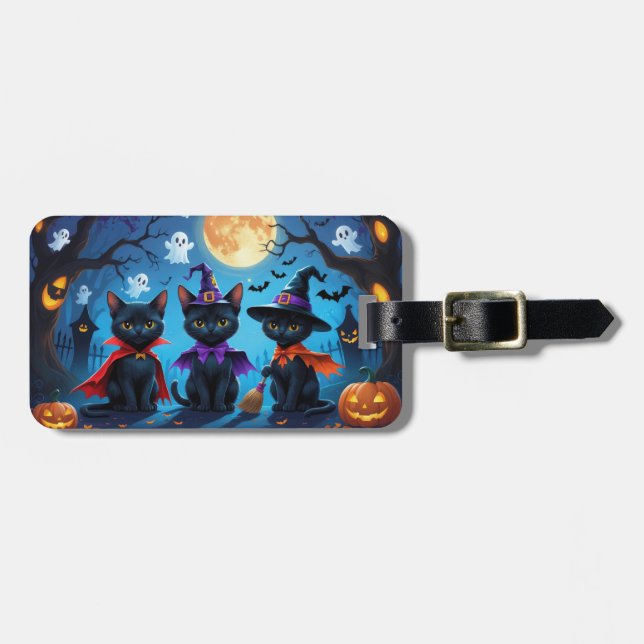 Étiquette À Bagage Chats noirs Citrouille Halloween drôle (Devant horizontal)