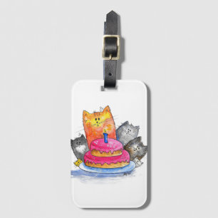 Étiquette À Bagage Chats Whimsical avec gâteau d'anniversaire