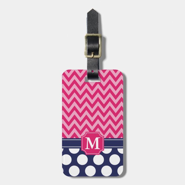 Étiquette À Bagage Chaud rose et Navy Chevron Zigzag Pois Monogramme (Devant Vertical)