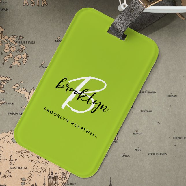 Étiquette À Bagage Chaux Vert Noir Blanc Noir Monogramme Nom (Créateur téléchargé)