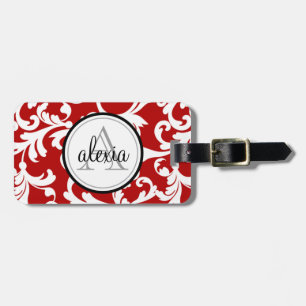 Étiquette À Bagage Cherry Red Monogramme Damask Imprimer