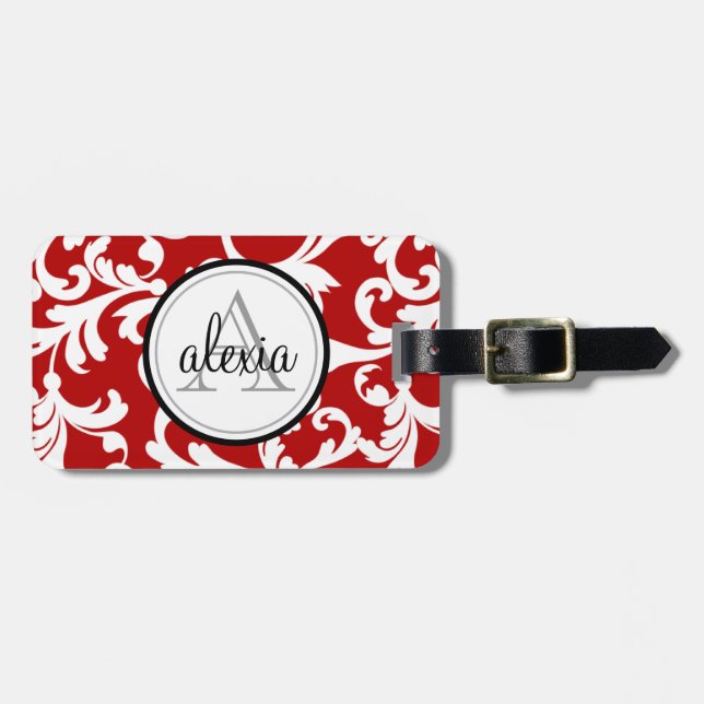Étiquette À Bagage Cherry Red Monogramme Damask Imprimer (Devant horizontal)