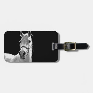 Étiquette À Bagage Cheval blanc noir en gros plan dans la nuit