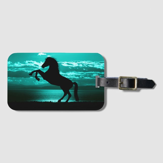 Étiquette À Bagage Cheval noir Ciel Turquoise et eau (Devant Horizontal)