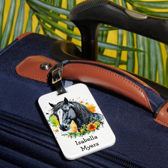 Étiquette À Bagage Cheval noir entouré de fleurs Personnalisé (Insitu Rectoal 1)