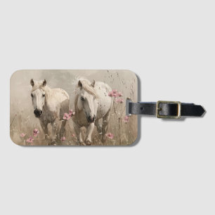 Étiquette À Bagage Chevaux gris Fleurs roses Peinture à l'huile