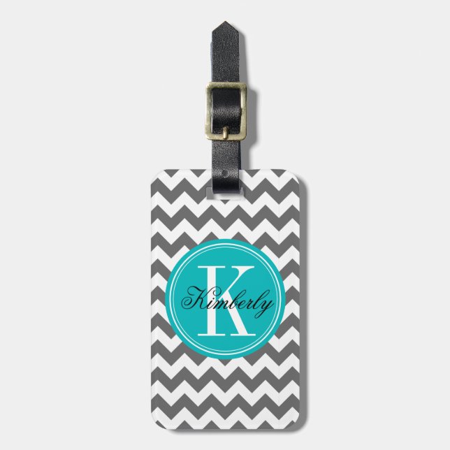 Étiquette À Bagage Chevron gris avec le monogramme turquoise (Devant Vertical)