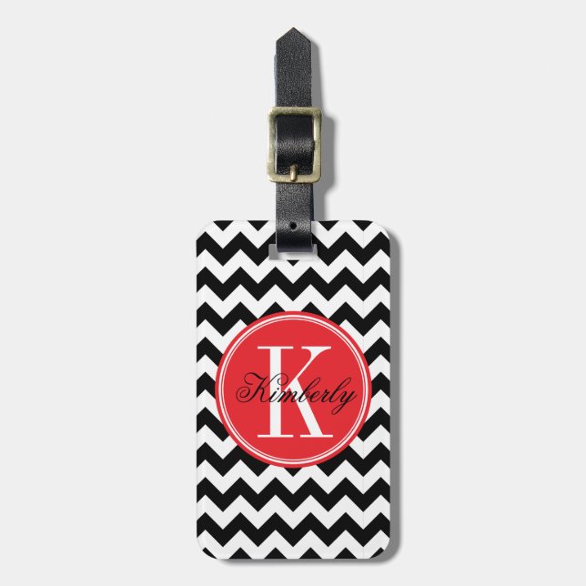 Étiquette À Bagage Chevron noir et blanc avec le monogramme rouge (Devant Vertical)