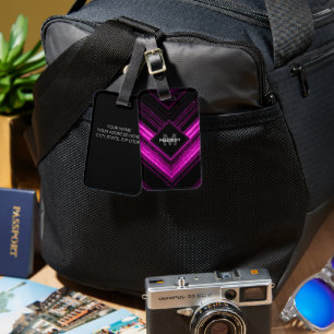 Étiquette À Bagage Chevron noir rose chaud brillant métallique Monogr