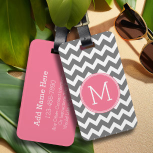 Étiquette À Bagage Chevrons gris et rose avec Monogramme personnalisé