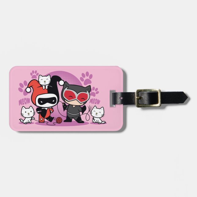 Étiquette À Bagage Chibi Harley Quinn & Chibi Catwoman Avec Chats (Devant horizontal)