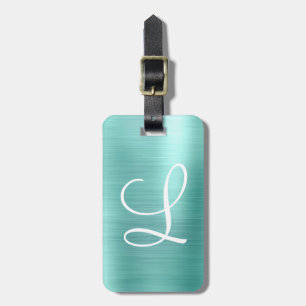 Étiquette À Bagage Chic Aqua Brossé Métal Blanc Monogramme Bagage Bal