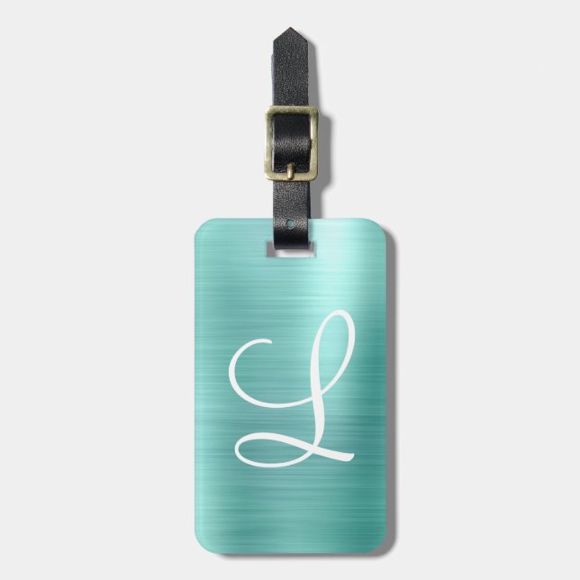 Étiquette À Bagage Chic Aqua Brossé Métal Blanc Monogramme Bagage Bal (Devant Vertical)