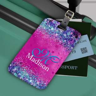 Étiquette À Bagage Chic aqua rose irisé parties scintillant monogramm