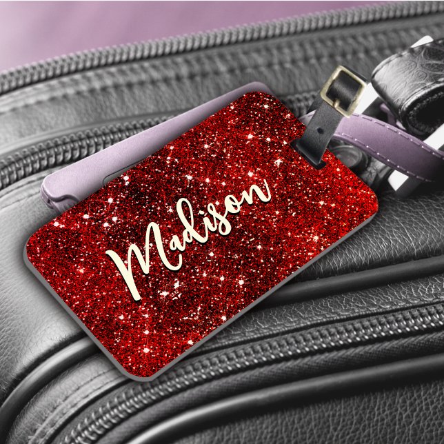 Étiquette À Bagage Chic blanc rouge noir parties scintillant monogram (Créateur téléchargé)
