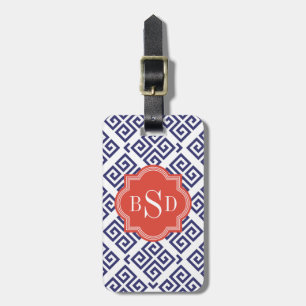 Étiquette À Bagage Chic bleu grec clé motif géométrique monogramme
