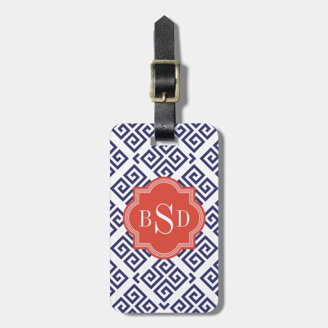 Étiquette À Bagage Chic bleu grec clé motif géométrique monogramme (Devant Vertical)