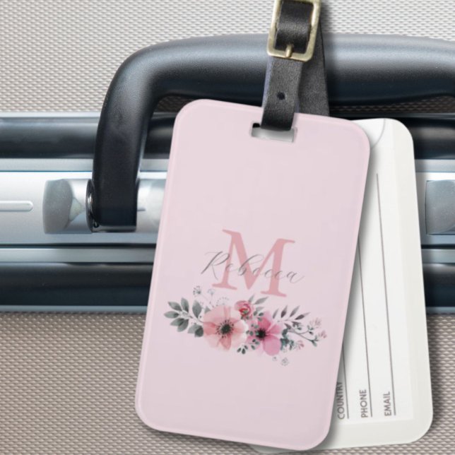 Étiquette À Bagage Chic botanique rose poudré aquarelle floral  (Botanical chic blush pink watercolor floral luggage tag)