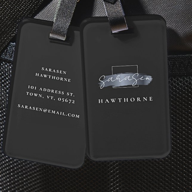 Étiquette À Bagage Chic Brush Stroke Black Faux Silver Grey Monogramm (Créateur téléchargé)