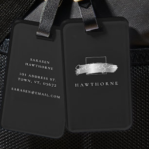 Étiquette À Bagage Chic Brush Stroke Black Faux Silver Monogramme