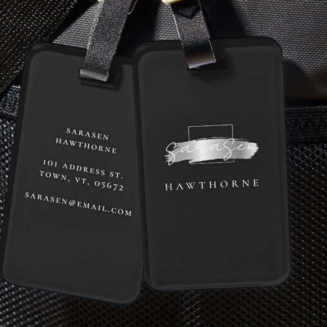 Étiquette À Bagage Chic Brush Stroke Black Faux Silver Monogramme (Créateur téléchargé)