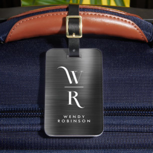 Étiquette À Bagage Chic Design Black Metal Deux Monogrammes Initiale