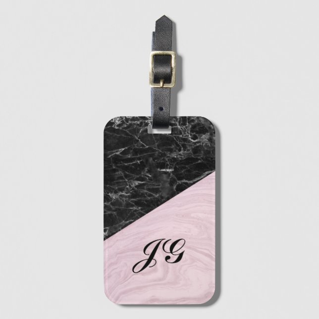 Étiquette À Bagage Chic Elegant noir marbre rose Monogramme (Devant Vertical)