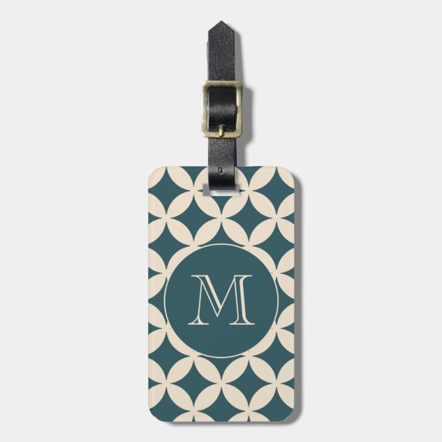 Étiquette À Bagage Chic Emerald ivoire Motif géométrique Monogramme (Devant Vertical)