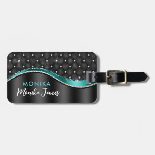 Étiquette À Bagage Chic Faux en métal brossé Noir Turquoise Monogramm