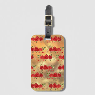 Étiquette À Bagage Chic Faux Gold Red Flowers Motif d'art