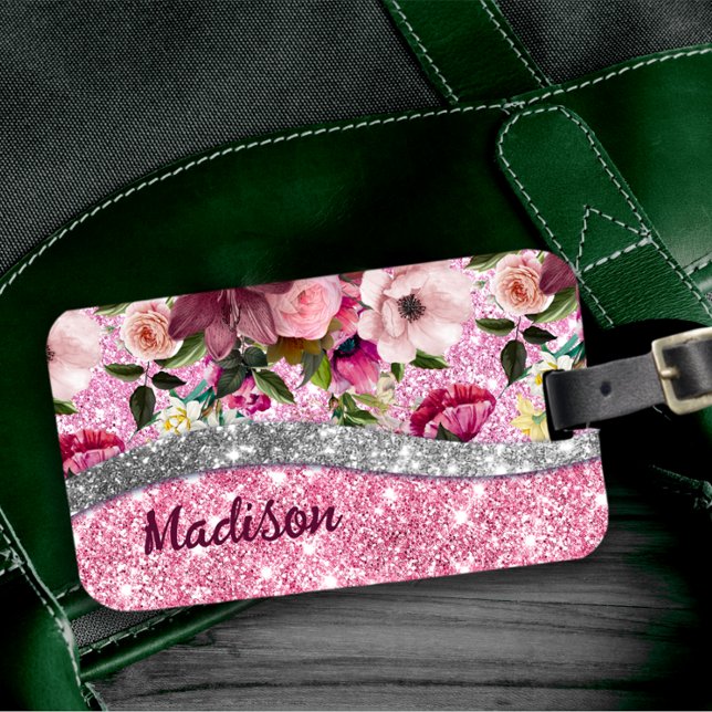 Étiquette À Bagage Chic floral glittery Purple rose argent monogramme (Créateur téléchargé)