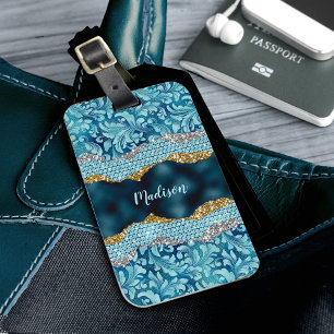 Étiquette À Bagage Chic floral glittery Turquoise Turquoise or monogr