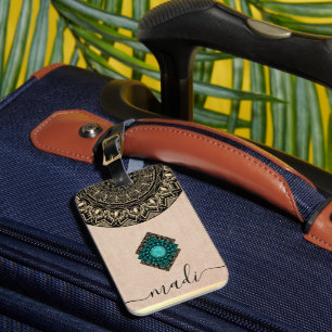 Étiquette À Bagage chic girly noir beige ronde mandala nom personnali