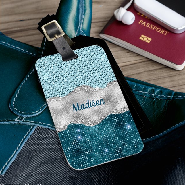 Étiquette À Bagage Chic girly turquoise menthe vert parties scintilla (Créateur téléchargé)