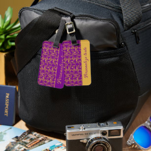 Étiquette À Bagage Chic Golden Flowers violet motif   personnalisé