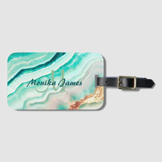 Étiquette À Bagage Chic Iridescente Mint Gold Faux Parties scintillan (Devant Horizontal)