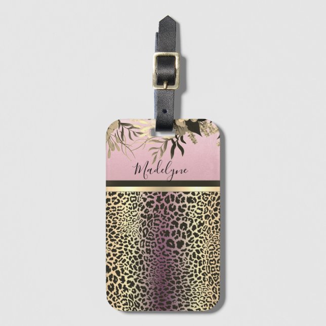 Étiquette À Bagage Chic Lavender Gold Leopard Safari Floral (Devant Vertical)